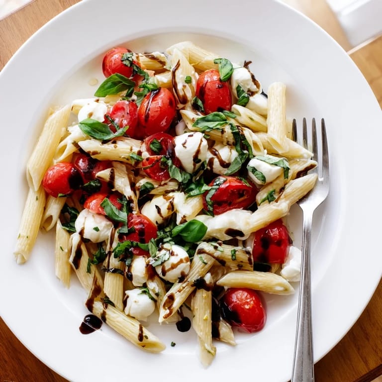 Serve this chilled Caprese Salad Pasta for a picnic, featuring colorful short pasta, bocconcini, and a sweet balsamic glaze drizzle over the fresh basil and tomatoes.