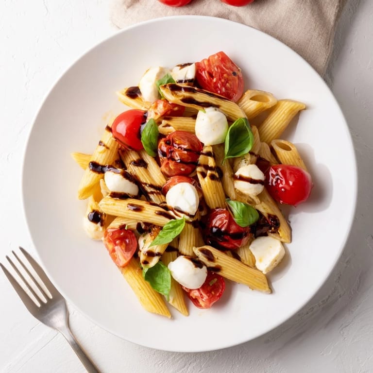 A vibrant bowl of Caprese Salad Pasta showcases twirled fusilli pasta mingling with juicy tomato halves, white mozzarella pearls, and fragrant basil, ready for a light summer lunch.