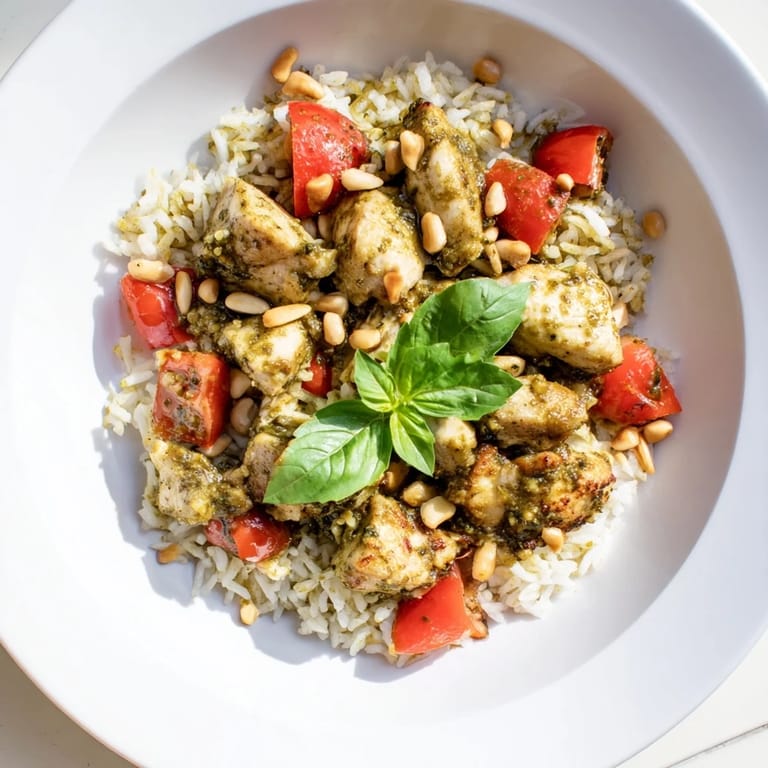 Comforting, restaurant-style Chicken Pesto Rice Bowl garnished with pine nuts and basil, ideal for an easy weeknight dinner in under 35 minutes.
