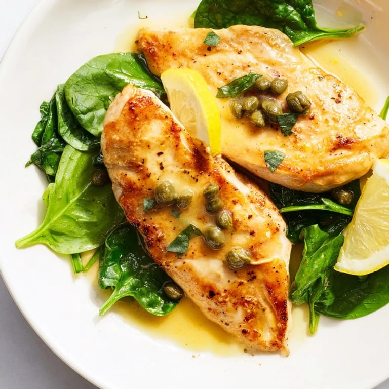Pan-seared Spinach Lemon Butter Chicken cutlets with parsley and lemon slices, plated alongside wilted greens.