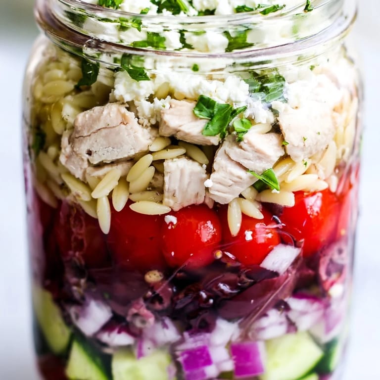 Colorful mason jar lunch with grilled chicken, crisp cucumbers, Kalamata olives, and creamy feta over Greek orzo pasta.  