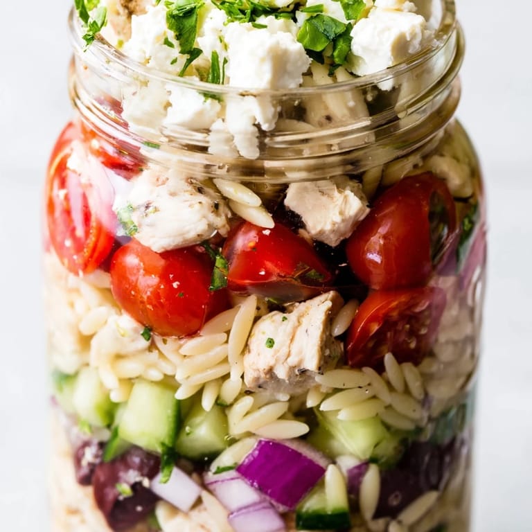 Easy Mediterranean meal prep jars featuring tender chicken, briny olives, and fresh parsley in a tangy red wine dressing.