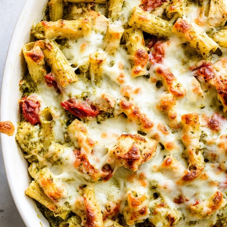 A close-up of hearty Pesto Chicken Pasta Bake featuring tender chicken, al dente penne, and vibrant marinara sauce.  