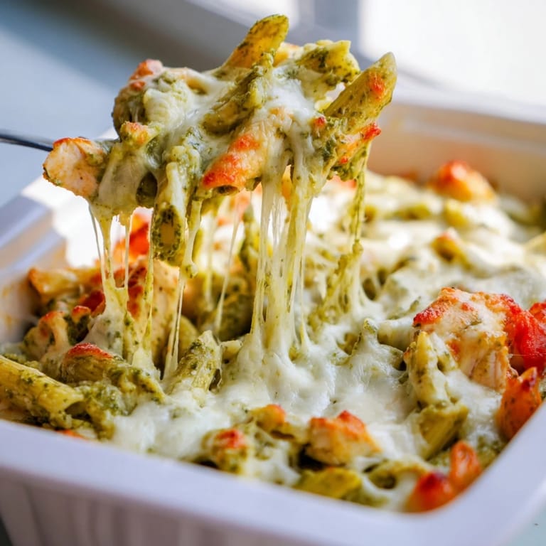 Family-style Pesto Chicken Pasta Bake in a ceramic dish, garnished with fresh basil and ready to serve.