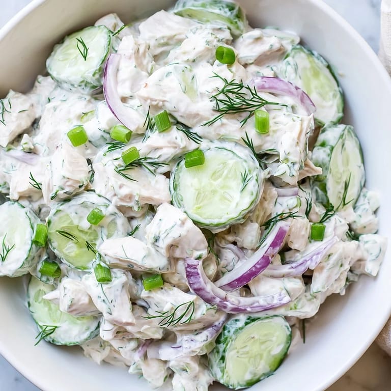 Healthy creamy cucumber chicken salad tossed with cucumber and herbs, perfect for a light summer lunch or protein-packed meal prep.
