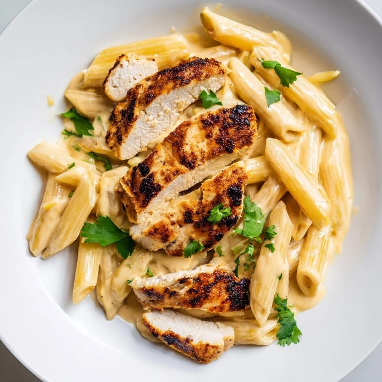 Sliced seared chicken over penne in creamy sweet-smoky honey chipotle sauce, ready to serve.