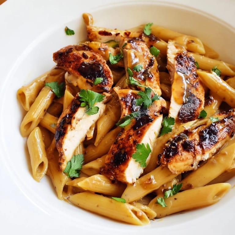 Family-style bowl of Honey Chipotle Chicken Pasta garnished with cilantro and extra grated Parmesan.