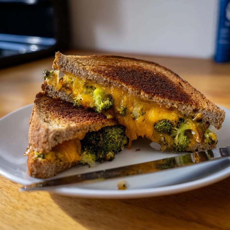 A close-up of the Roasted Broccoli & Cheddar Grilled Cheese with gooey cheese stretching from the cut.