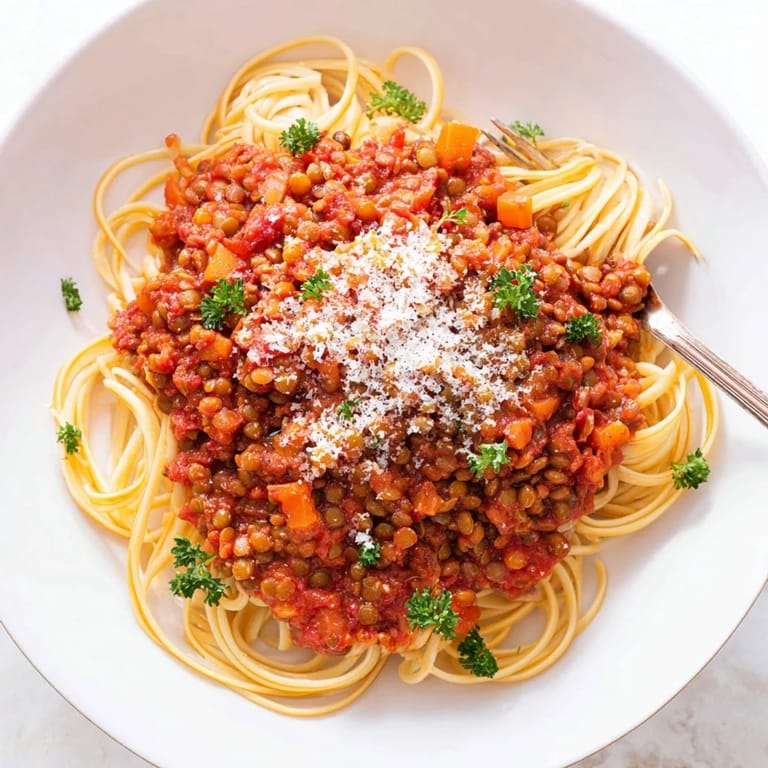 Close-up of Lentil Bolognese twirled on a fork, showing the thick, savory sauce clinging to pasta for an irresistible bite.