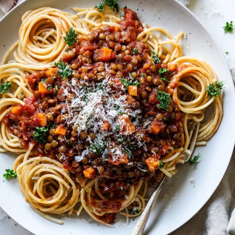 Hearty Lentil Bolognese sauce simmering in a pot, featuring rich tomatoes, carrots, celery, and tender brown lentils for a wholesome meal.  