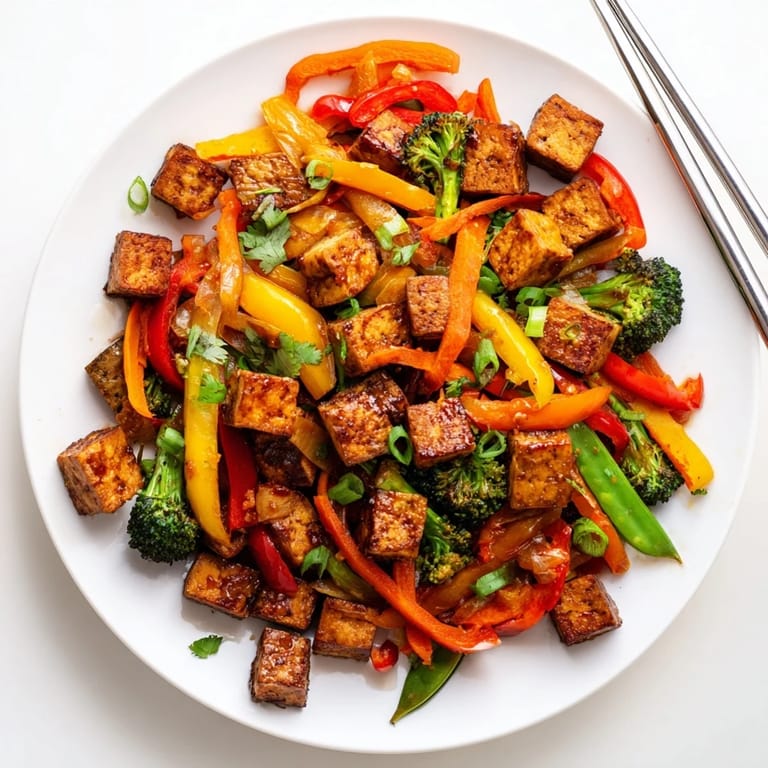 A close-up of vegetable tempeh stir-fry shows steaming broccoli, julienned carrots, and snap peas tossed in a flavorful, thickened sauce.