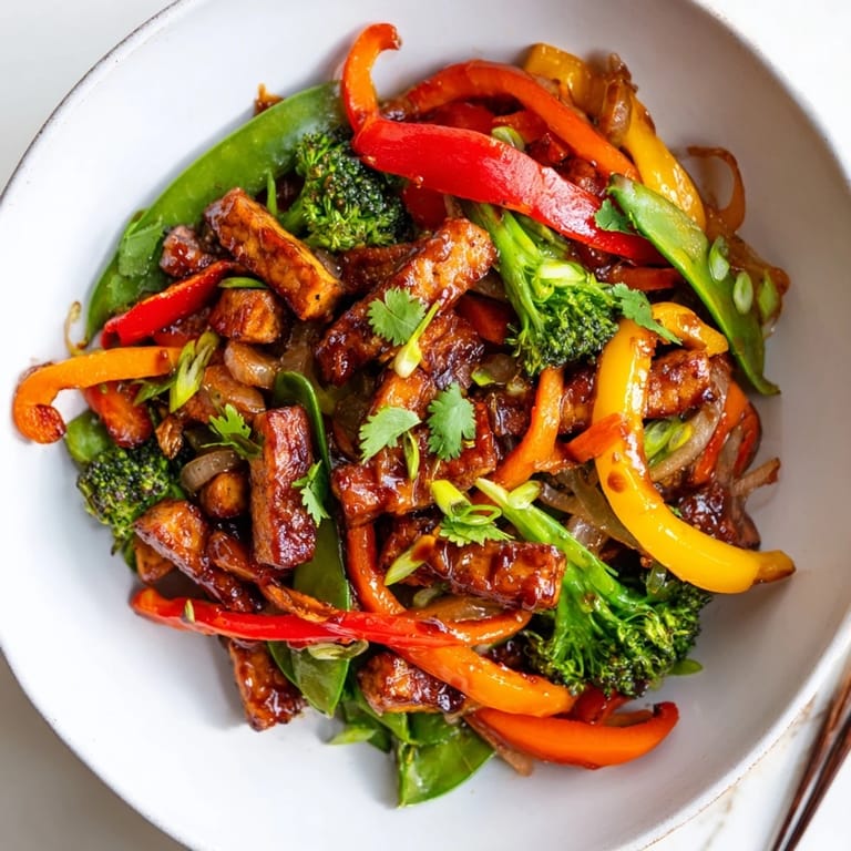 Healthy vegan vegetable tempeh stir-fry served in a bowl, garnished with sesame seeds and fresh cilantro, ready for a weeknight dinner.