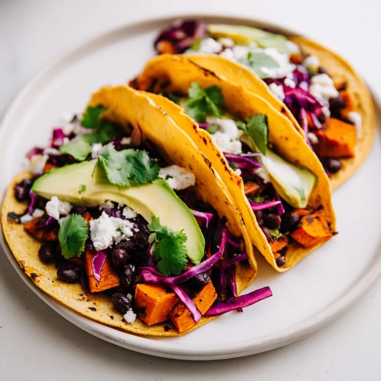 Golden roasted vegetables and seasoned black beans make vibrant Black Bean and Sweet Potato Tacos served with lime wedges.