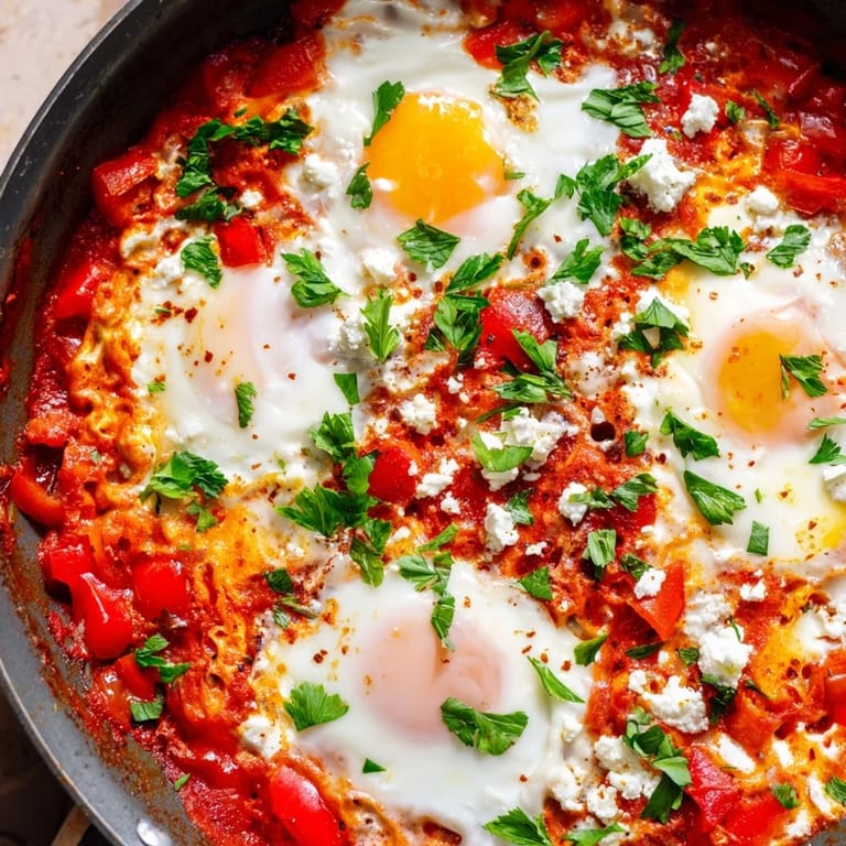 A close-up of rich shakshuka bubbling in a skillet, with runny yolks ready for crusty bread dipping.