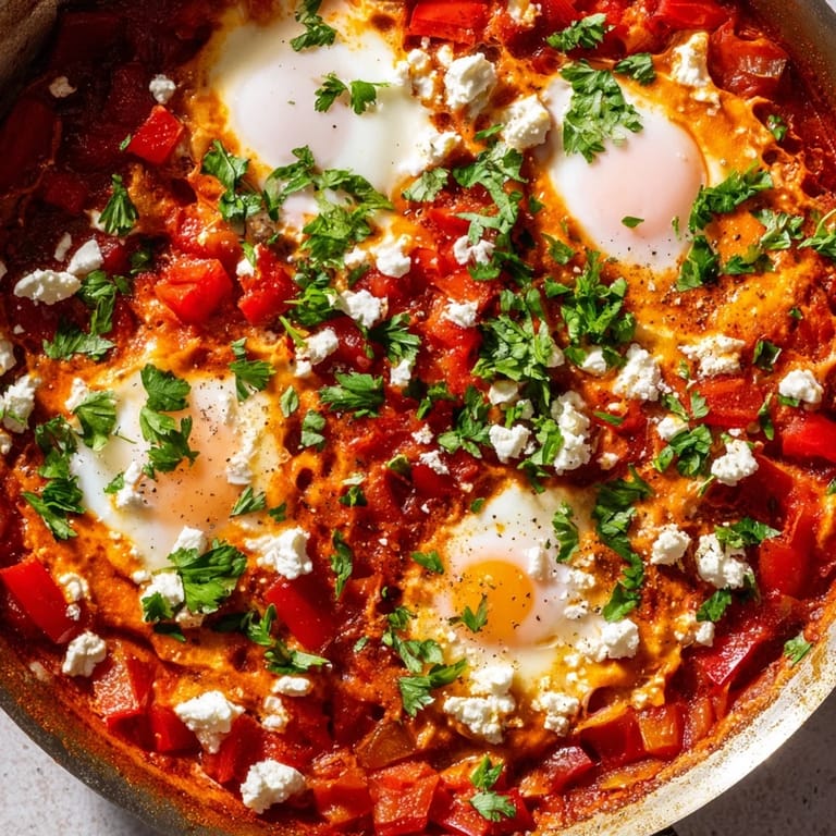 Homemade shakshuka served in a rustic pan, garnished with cilantro and feta for a savory vegetarian breakfast.