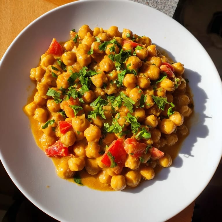 Vibrant chickpea curry with aromatic spices and fresh cilantro garnish, served alongside steamed rice in a cozy bowl.