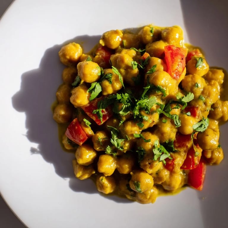 Golden, aromatic chickpea curry in a white bowl, topped with cilantro and a lime wedge, perfect for vegan meals.