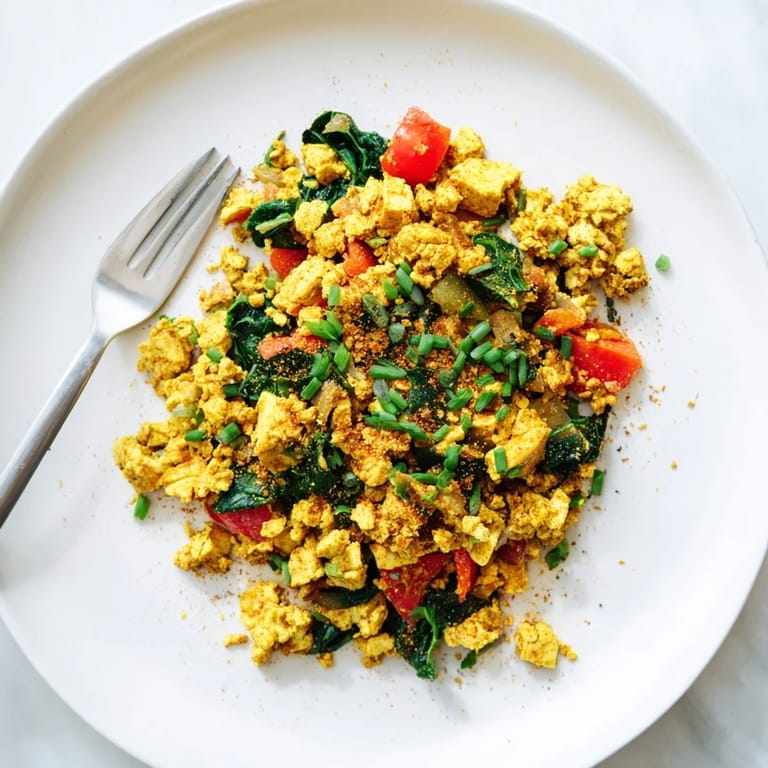 Colorful, protein-rich tofu scramble featuring golden crumbles, wilted spinach, and tomatoes, garnished with chives and ready to serve.