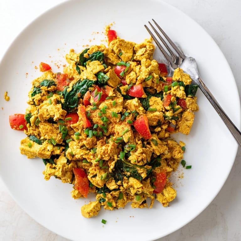 Savory tofu scramble with smoky spices, fresh veggies, and herbs served alongside toast for an easy plant-based brunch.