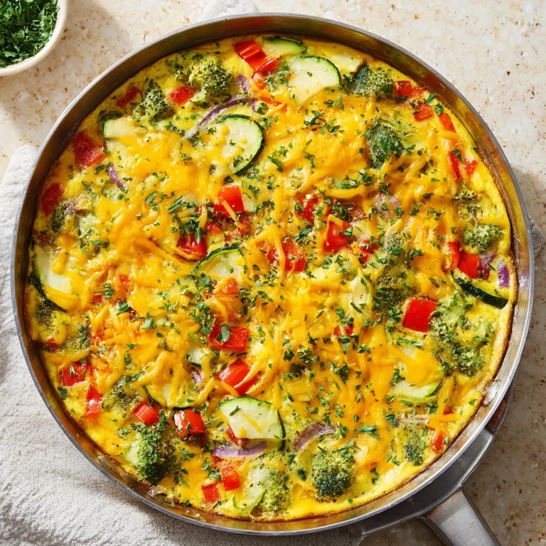 A close-up slice of Vegetable Frittata reveals fluffy eggs, melted cheese, and vibrant vegetables next to a green salad.