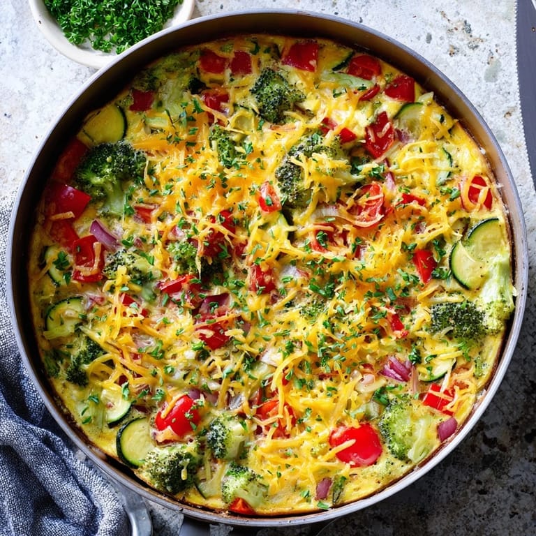 Freshly baked Vegetable Frittata in a skillet, garnished with parsley, steaming gently as a savory brunch centerpiece.