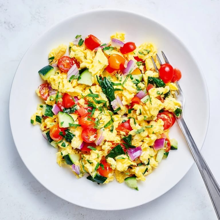 Light vegetarian scramble with spinach, cherry tomatoes, and red onion garnished with herbs, ready to serve for brunch.