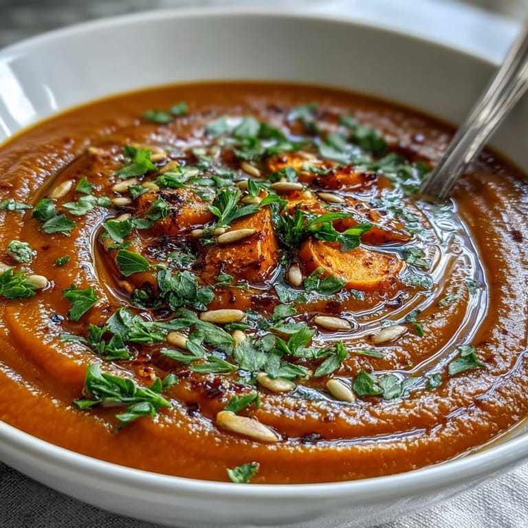 Silky smooth Roasted Vegetable Soup served with crunchy croutons for texture.