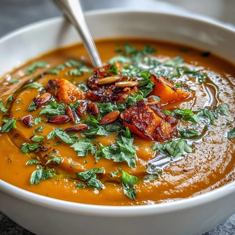 Roasted Vegetable Soup topped with fresh herbs and a drizzle of olive oil.
