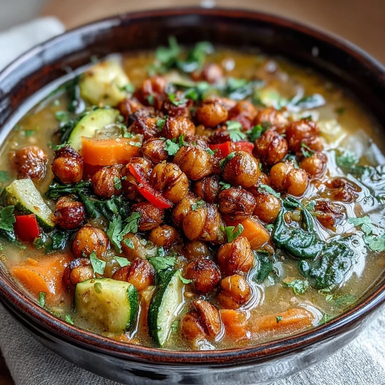 Roasted chickpeas and tender vegetables in Spiced Chickpea and Vegetable Soup with rustic bread for dipping.