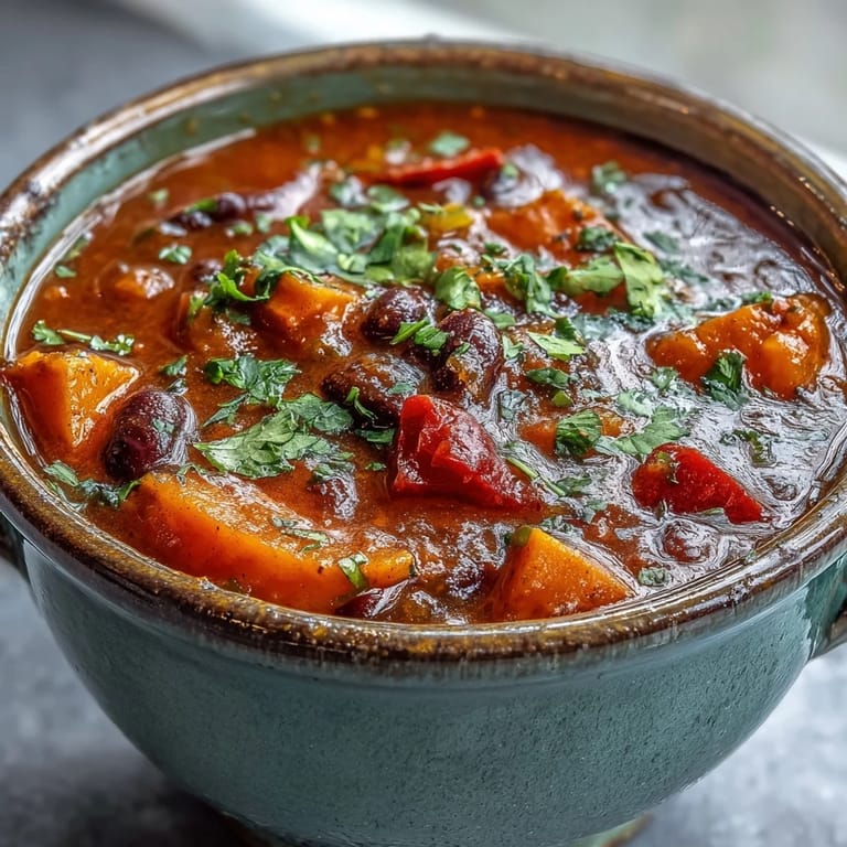 Hearty sweet potato and black bean soup simmering in a pot with diced onions and spices.