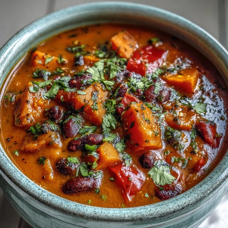 Colorful bowl of sweet potato and black bean soup topped with avocado and a lime wedge.