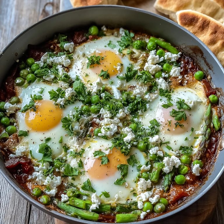 A bubbling skillet of Pea and Broad Bean Shakshuka features asparagus and red bell pepper in a smoky tomato base. A fork breaks into a perfectly poached egg, revealing a golden yolk cascading over fresh greens and creamy feta garnish.