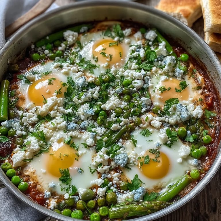 Vegetarian Pea and Broad Bean Shakshuka served in a rustic cast-iron skillet, ready to be scooped up with crusty artisan bread. The colorful spring vegetables and spicy tomato sauce create a hearty, gluten-free main course perfect for sharing.