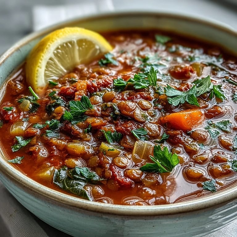 Close-up of Tomato Lentil Soup with a dollop of non-dairy yogurt on top.