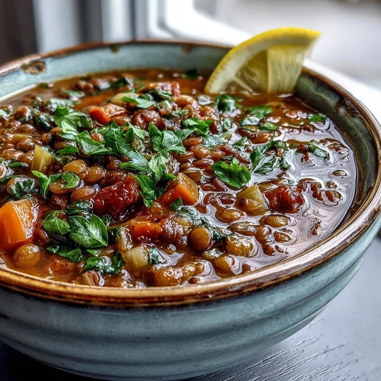 Rustic pot of Tomato Lentil Soup served with crusty bread on the side.