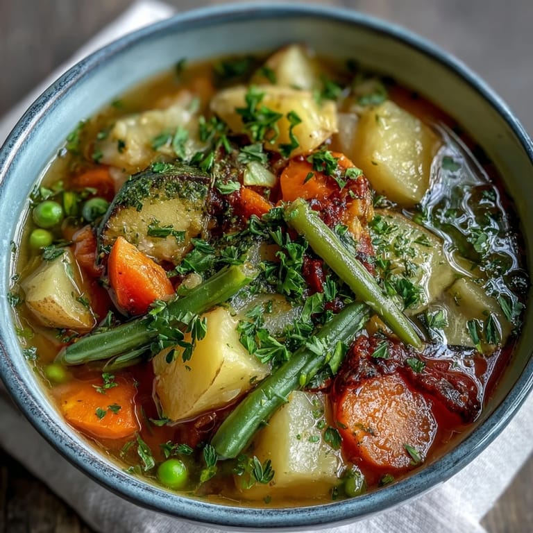 A comforting bowl of Potato and Vegetable Soup, filled with carrots, zucchini, and peas.