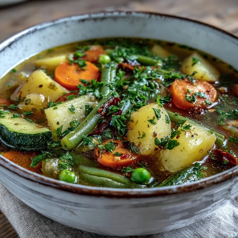 Rustic Potato and Vegetable Soup served in a dark bowl, ready to eat.