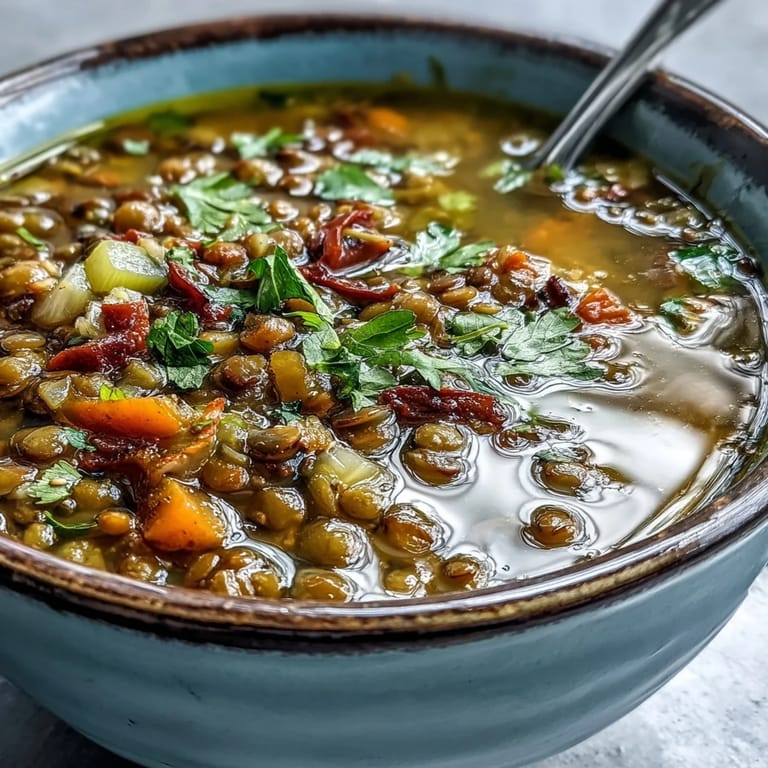 Top-down view of a pot of Mung Bean Soup, showcasing golden broth and tender beans, ready to be served with a spoon.