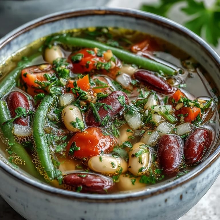 Close-up of Three-Bean Salad Soup featuring kidney, cannellini, and green beans in a tangy tomato-based broth with diced red peppers.