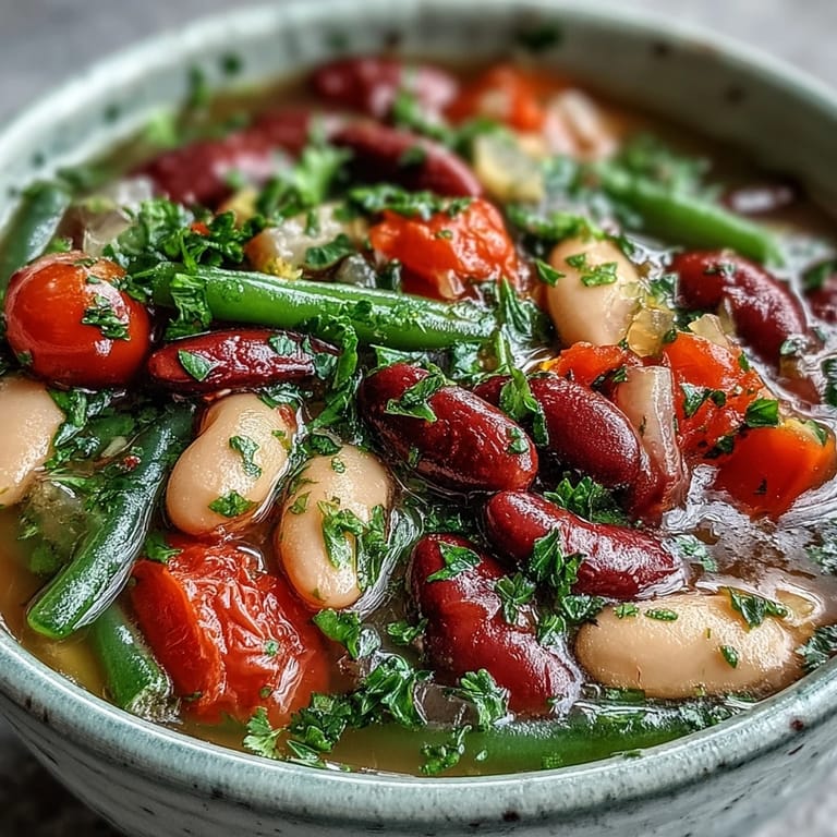 Vibrant Three-Bean Salad Soup simmering in a pot, revealing crisp vegetables and beans in a savory, herb-infused vegetable broth.