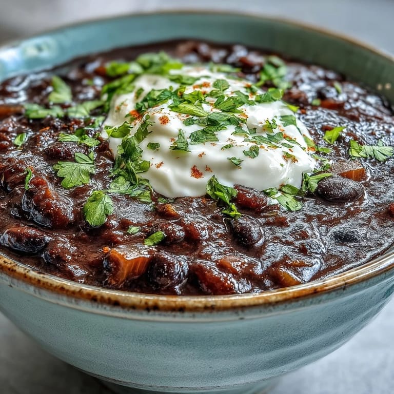 Hearty black bean soup partially blended for creaminess, served with warm bread for a cozy vegetarian meal.