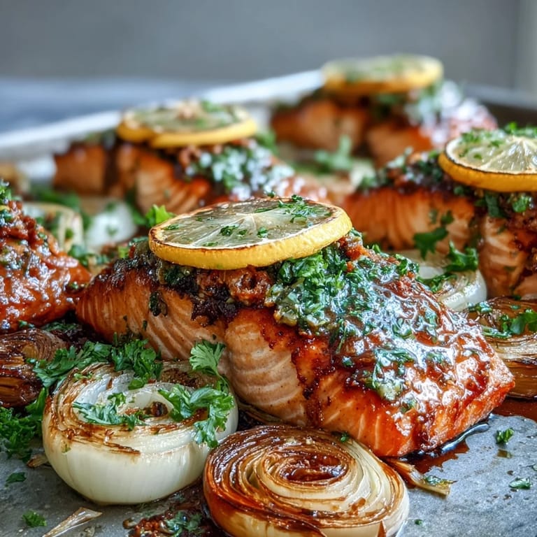Close-up of One-Pan Roast Salmon showcasing tender leeks and onions, drizzled with a vibrant green parsley and caper dressing for extra zest.