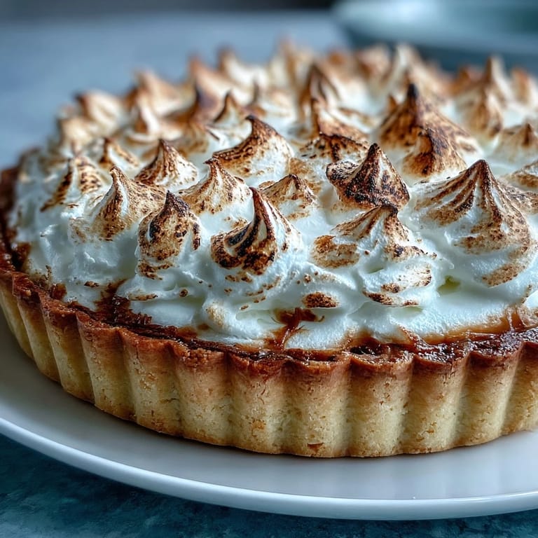 Freshly baked Lemon Meringue Pie with sugar-dusted, torched meringue peaks on a rustic wooden table.