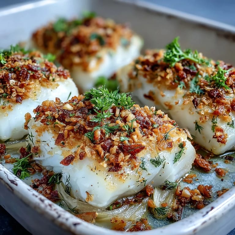 Plated baked halibut with fennel, lemon and walnut pangrattato, served over steamed baby potatoes and a crisp green salad.