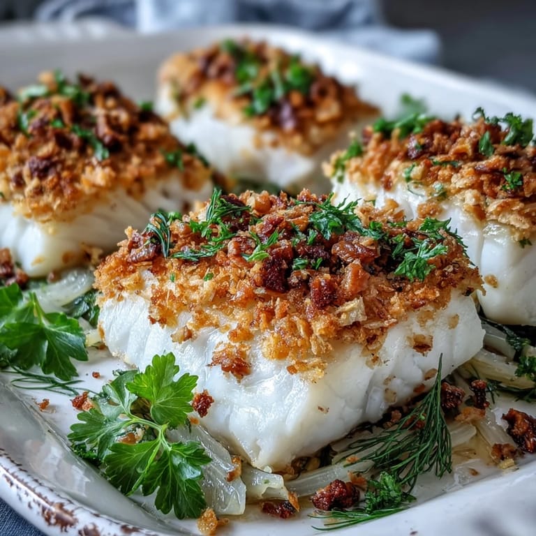 A close-up of baked halibut with fennel, lemon, and walnut pangrattato beside a glass of crisp white wine.