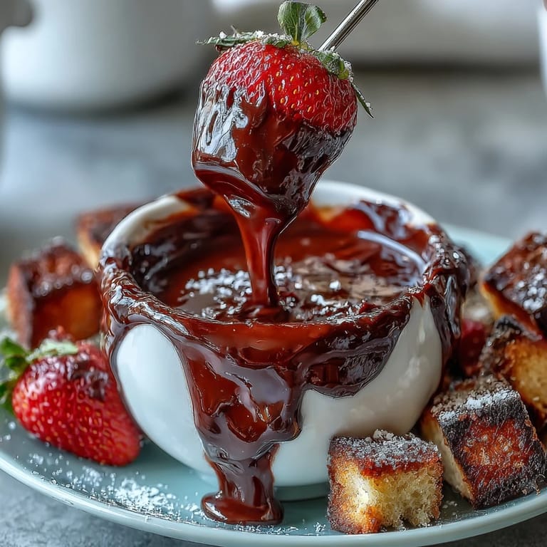 A close-up of rich Boozy Chocolate Fondue with pretzels and pound cake cubes, ideal for a cozy dessert party.
