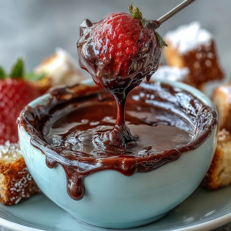 Decadent Boozy Chocolate Fondue in a ceramic bowl, ready for dipping fruits and sweets during a festive celebration.