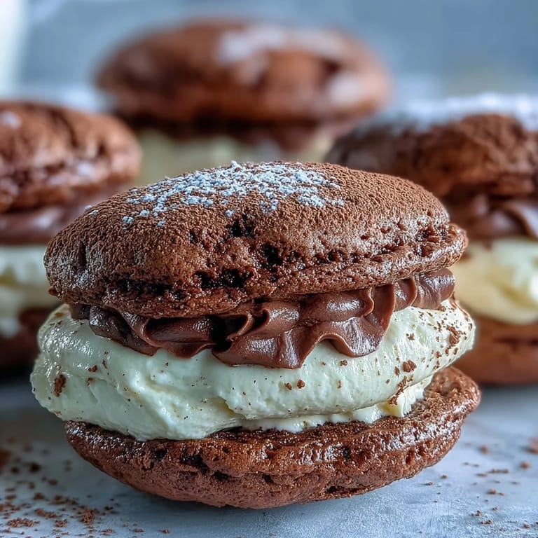 Served on a white plate, dusted cocoa powder highlights these homemade Tiramisu Whoopie Pies.