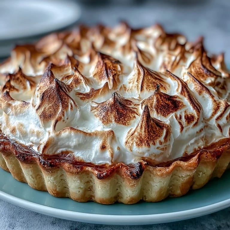 Lemon Meringue Pie slice on a white plate with a dollop of whipped cream and fresh raspberries.