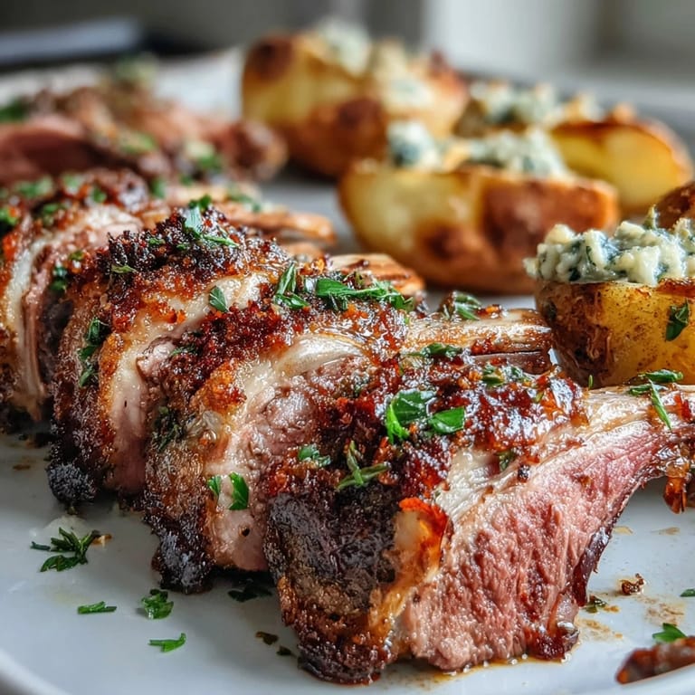 Perfectly sliced One-Pan Roast Rack of Lamb and Green Olive Potatoes served on a white plate ready for dinner.
